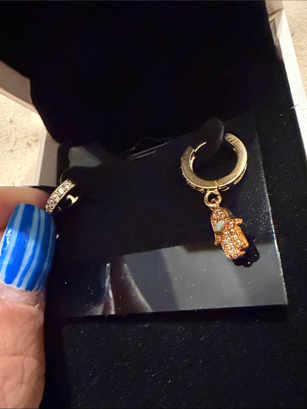 Gold Hamsa Charm Hoop Earrings with Crystal Accent - Women's Jewelry - Picture 3 of 6